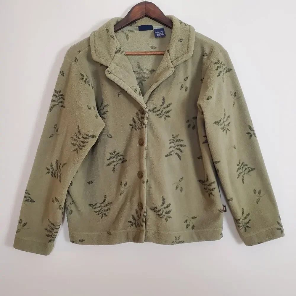 Vintage 90s Y2K Fern Leaf Fleece Cardigan Green Medium - Picture 4 of 9